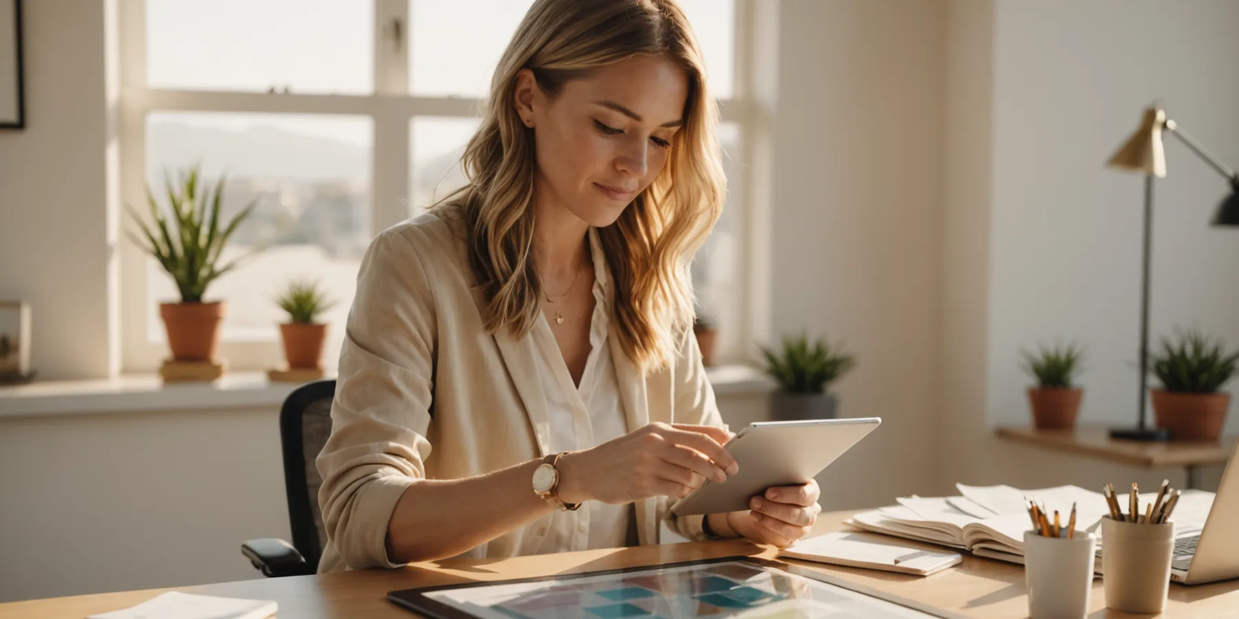 A brand marketer reviewing creator shortlist cards on a tablet at a warm, sunlit desk